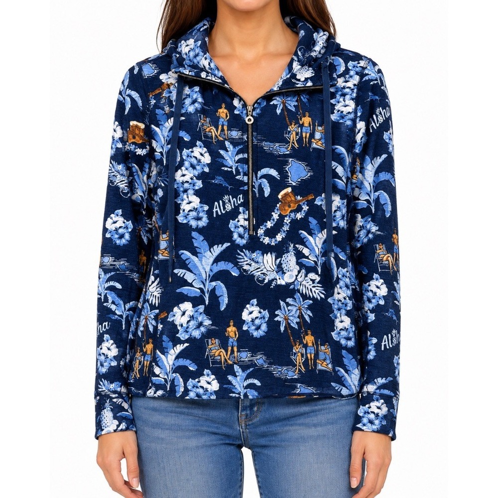 Tommy Bahama Womens Hoodie Navy Blue Hawaiian Floral Half Zip Pullover XS